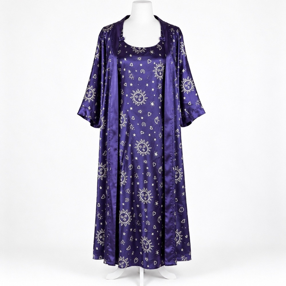 CONTESSA DI ROMA Vintage Celestial 2 Pc Robe Women M Slip Dress Purple  Satin